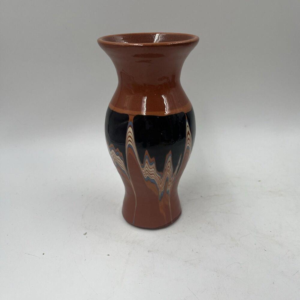 Vintage Painted And Dripped Glazed Bulgarian Terracotta Vase MCM Unique